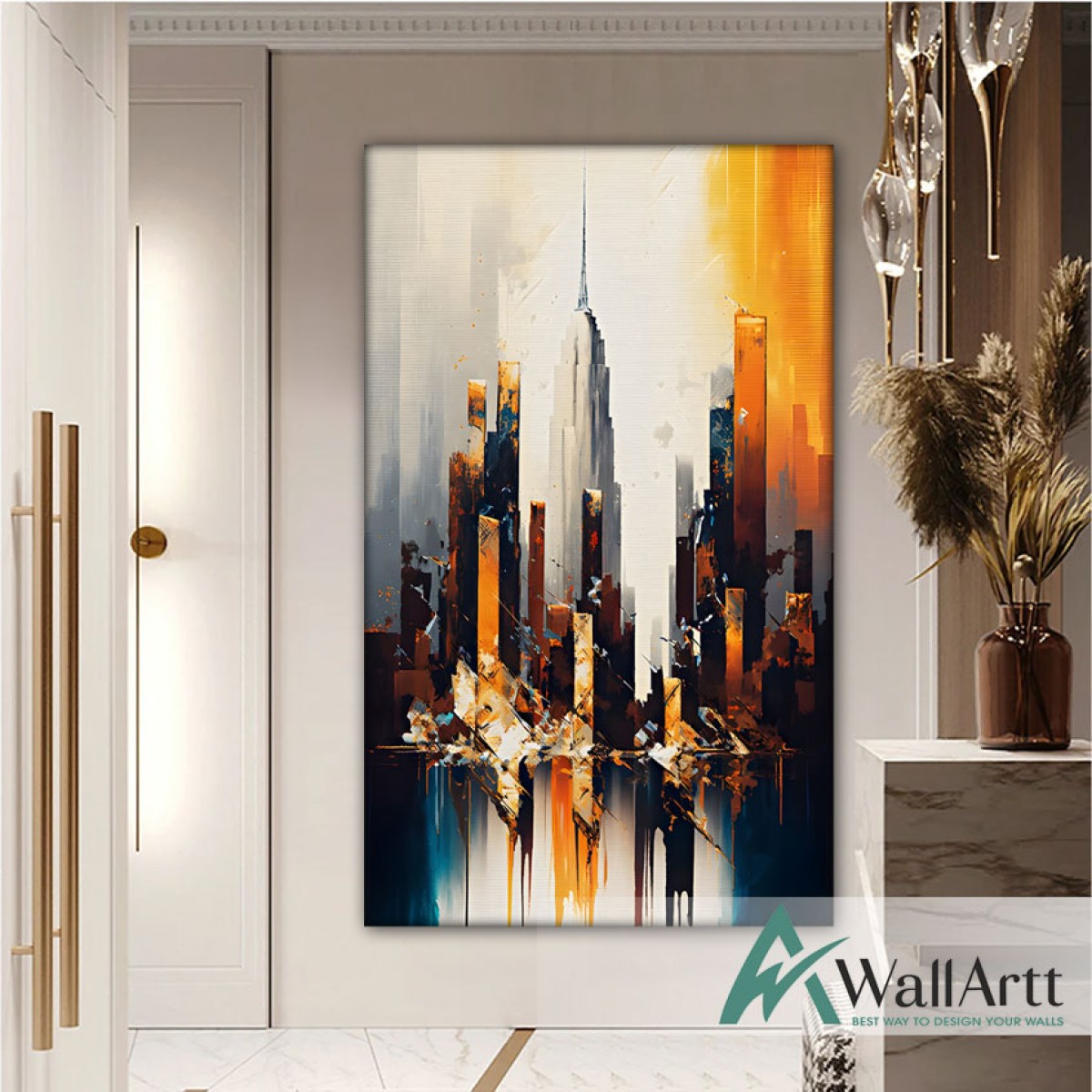 Orange Skyscrapers Textured Partial Oil Painting - Wall Art